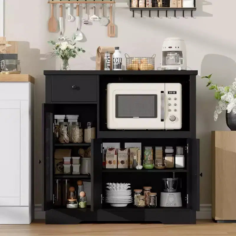 Pensili da cucina a microonde GustoWave con contenitore, con 3 ante, 1 cassetto e ripiani regolabili, mobiletto per dispensa