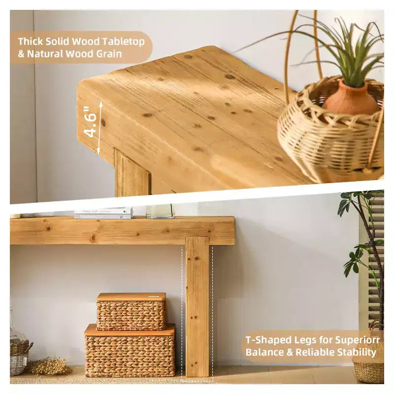 Consolle in legno massiccio 63, Tavolo da divano rustico stile fattoria, Tavolo d'appoggio stretto per corridoio, Naturale - ModernLuxe