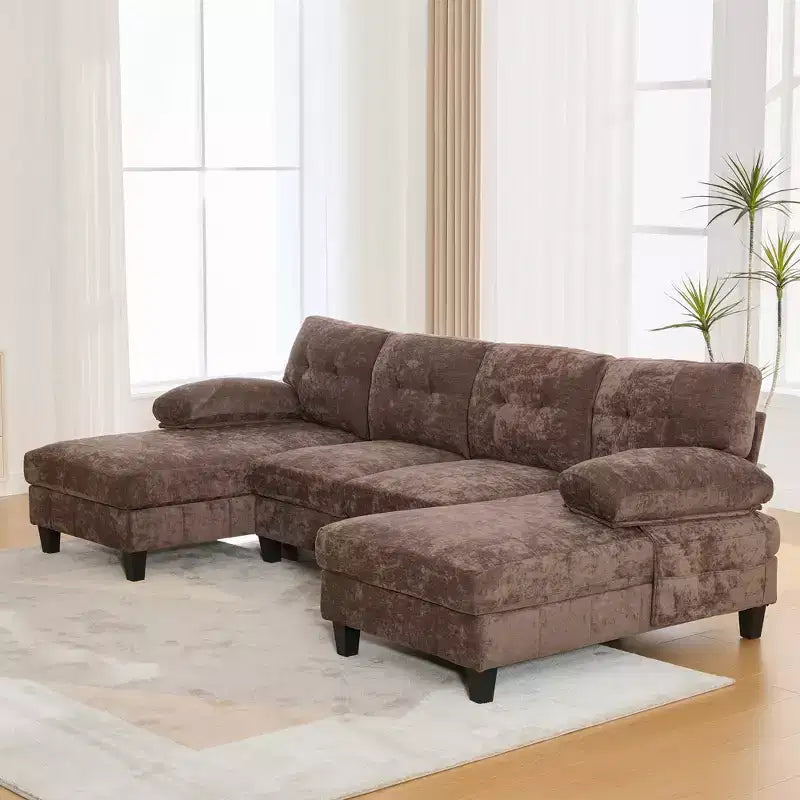 Divano Sezionale a U in Ciniglia Ultra-Morbido Polibi con Doppia Chaise Longue