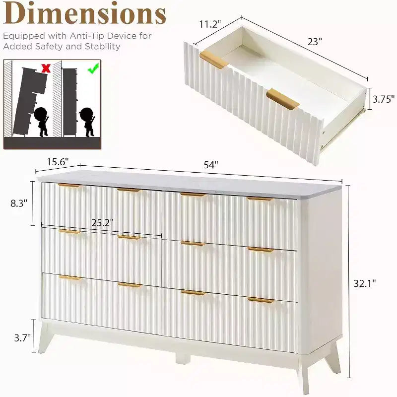 Cassettiera AMERLIFE con 6 cassetti scanalati e top in finto marmo, comò da 137 cm per camera da letto, soggiorno, corridoio, ingresso, bianco