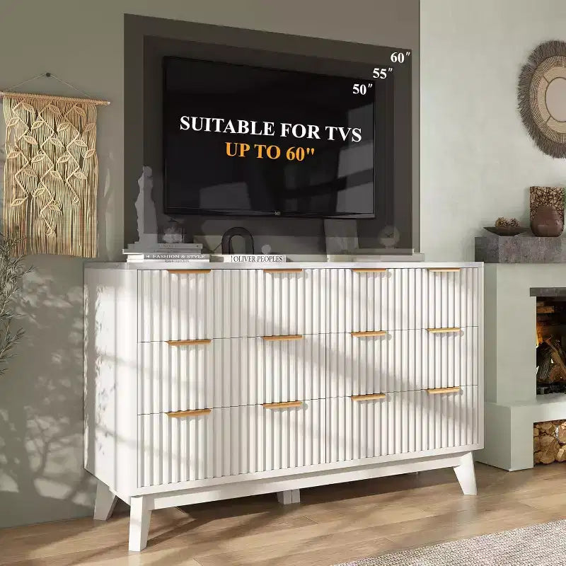 Cassettiera AMERLIFE con 6 cassetti scanalati e top in finto marmo, comò da 137 cm per camera da letto, soggiorno, corridoio, ingresso, bianco