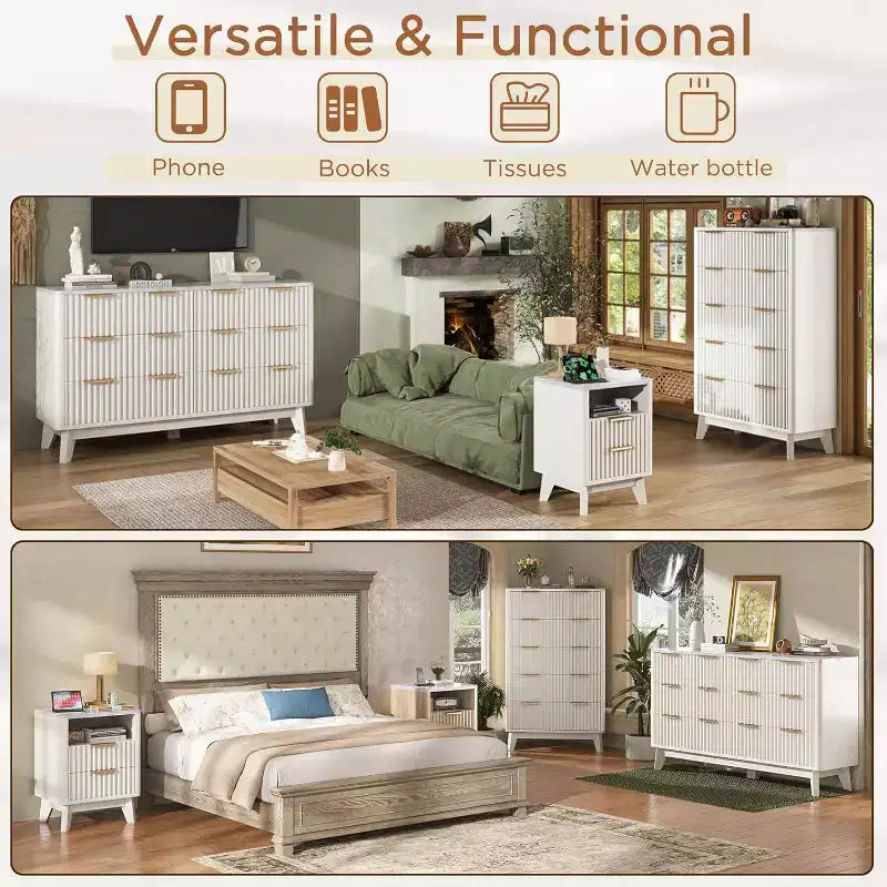 Cassettiera AMERLIFE con 6 cassetti scanalati e top in finto marmo, comò da 137 cm per camera da letto, soggiorno, corridoio, ingresso, bianco