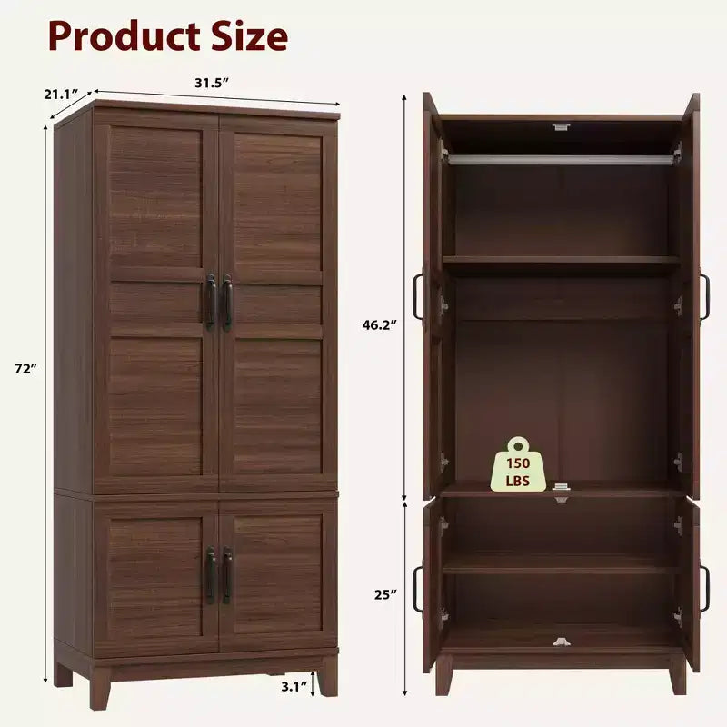 GustoWave Armadio Guardaroba con 4 Ante, Armadio in Legno da 72 pollici, Mobile Guardaroba Alto Autoportante con Ripiani Regolabili