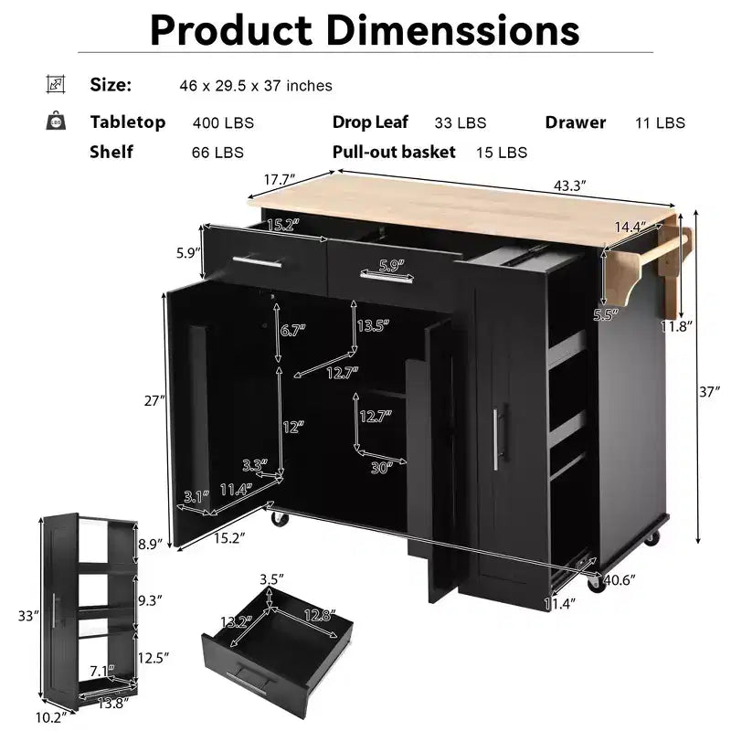 Isola da cucina con anta a ribalta, carrello multiuso con organizer estraibile a 3 livelli, ripiano interno, carrello su ruote con portasalviette e 2 cassetti