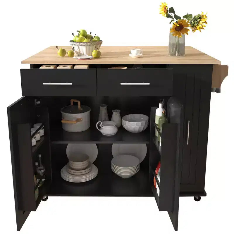 Isola da cucina con anta a ribalta, carrello multiuso con organizer estraibile a 3 livelli, ripiano interno, carrello su ruote con portasalviette e 2 cassetti