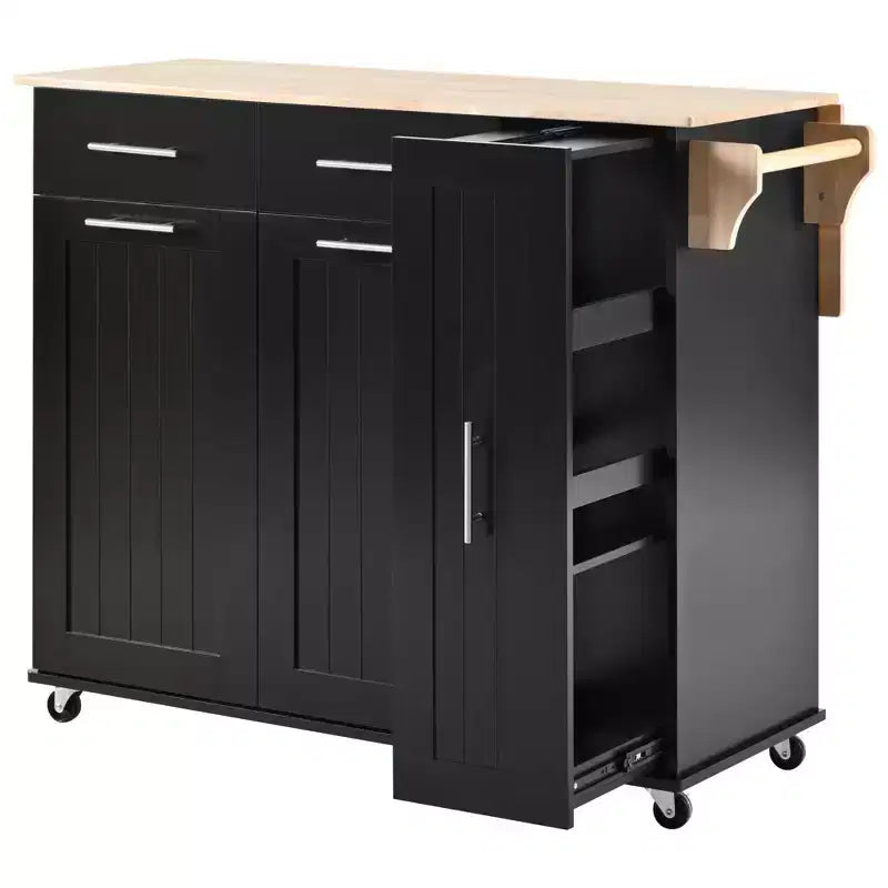 Isola da cucina con anta a ribalta, carrello multiuso con organizer estraibile a 3 livelli, ripiano interno, carrello su ruote con portasalviette e 2 cassetti