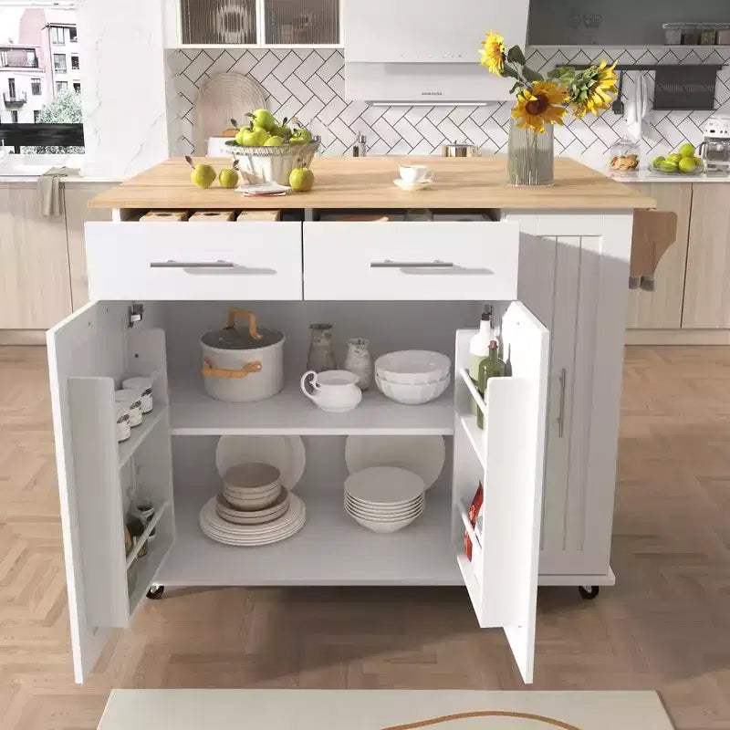 Isola da cucina con anta a ribalta, carrello multiuso con organizer estraibile a 3 livelli, ripiano interno, carrello su ruote con portasalviette e 2 cassetti