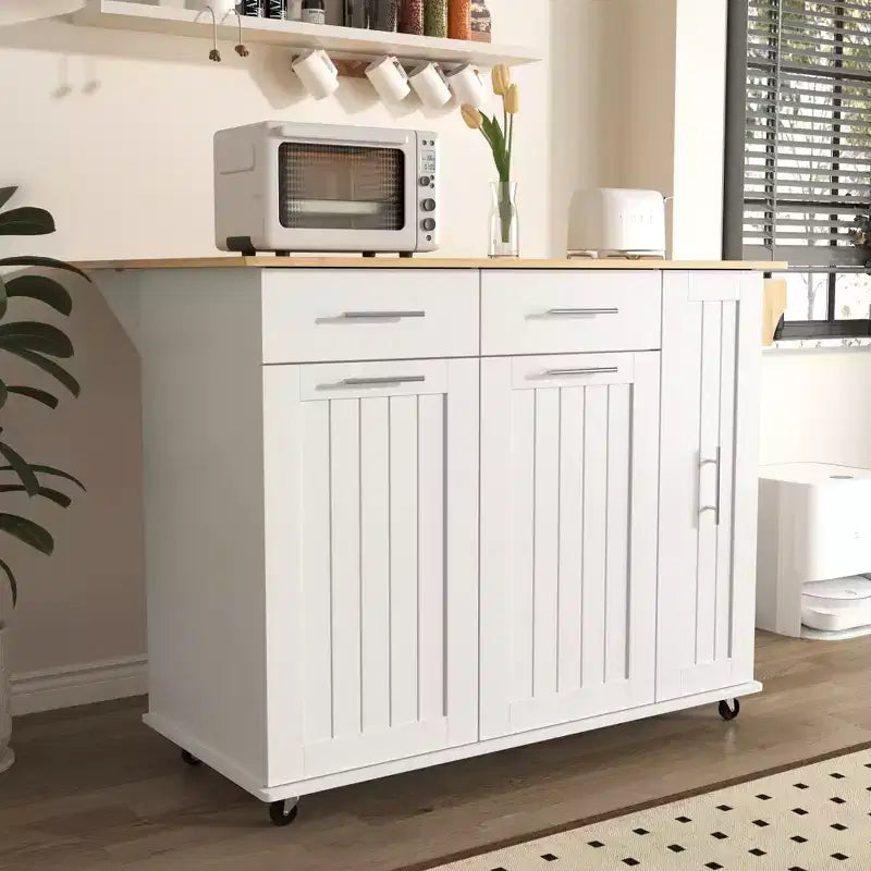 Isola da cucina con anta a ribalta, carrello multiuso con organizer estraibile a 3 livelli, ripiano interno, carrello su ruote con portasalviette e 2 cassetti