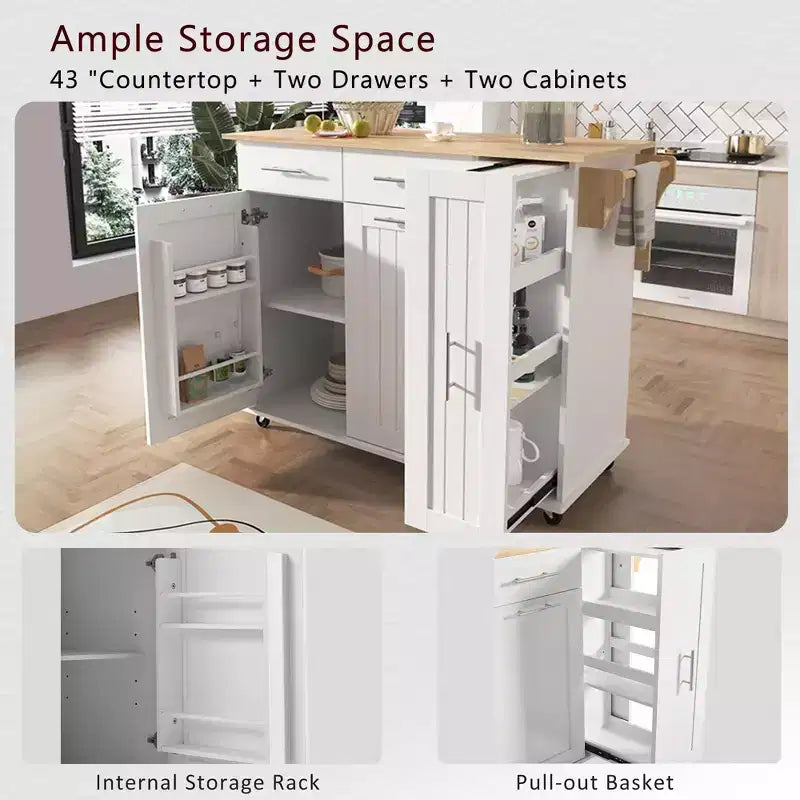 Isola da cucina con anta a ribalta, carrello multiuso con organizer estraibile a 3 livelli, ripiano interno, carrello su ruote con portasalviette e 2 cassetti