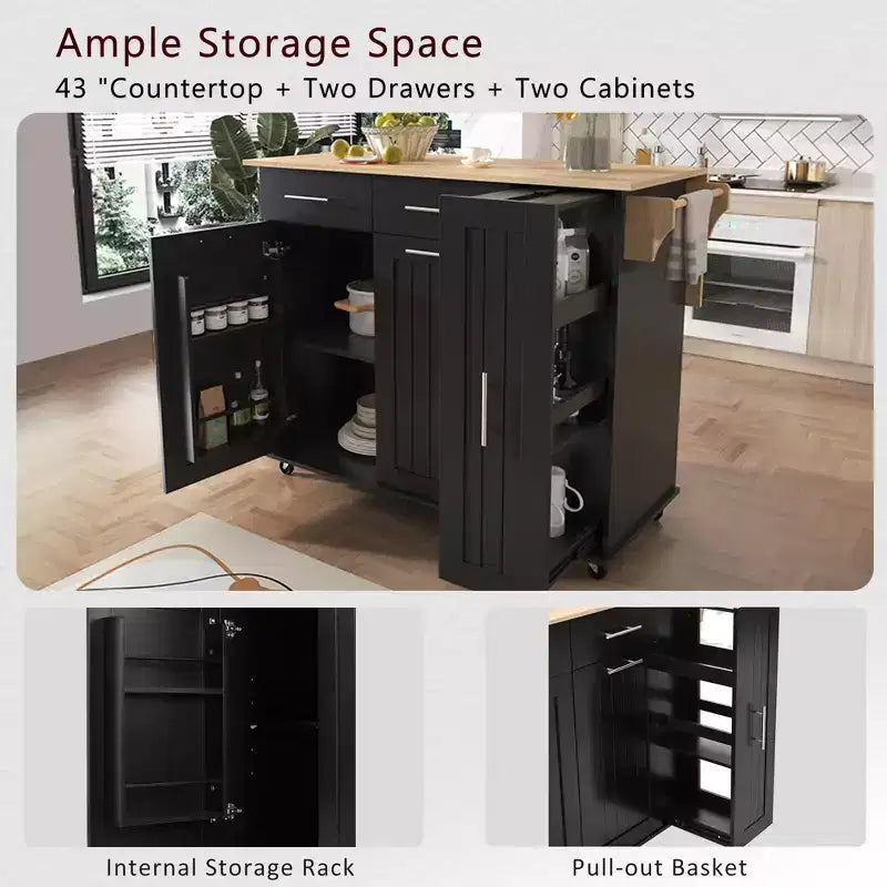 Isola da cucina con anta a ribalta, carrello multiuso con organizer estraibile a 3 livelli, ripiano interno, carrello su ruote con portasalviette e 2 cassetti