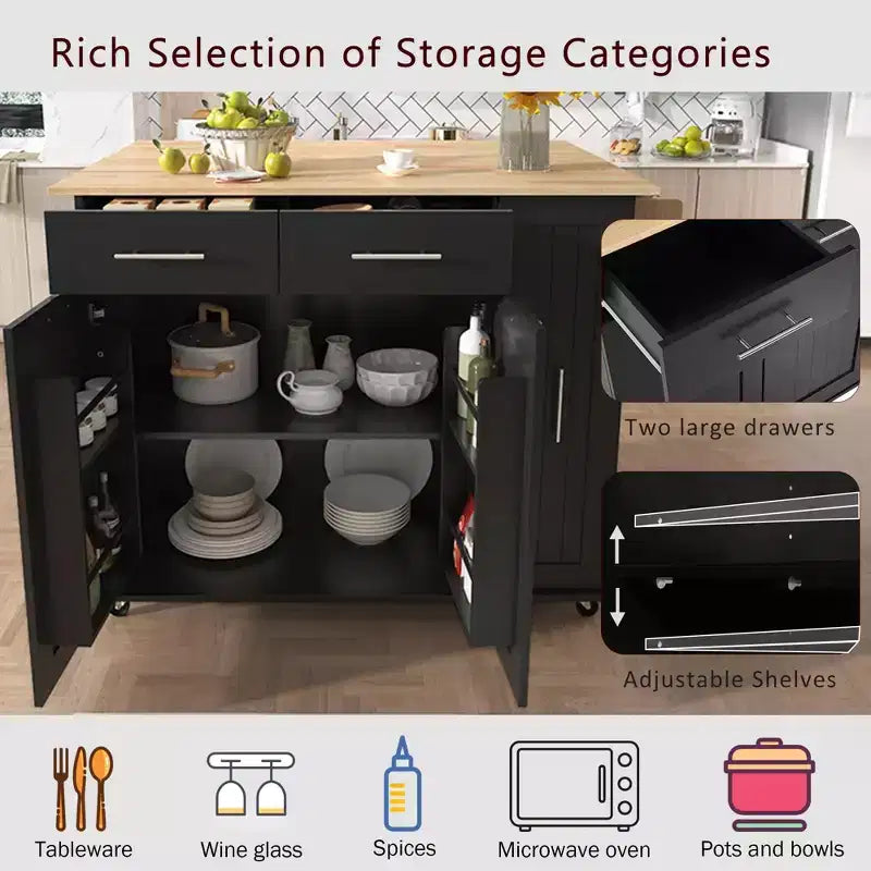 Isola da cucina con anta a ribalta, carrello multiuso con organizer estraibile a 3 livelli, ripiano interno, carrello su ruote con portasalviette e 2 cassetti