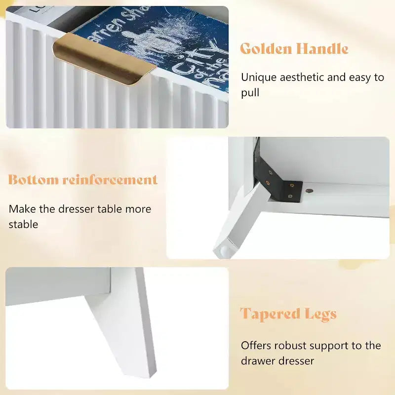 AMERLIFE Comodino con Cassetti Scanalati e Top in Finto Marmo, Cassettiera Ampia per Camera da Letto, Soggiorno, Corridoio, Ingresso