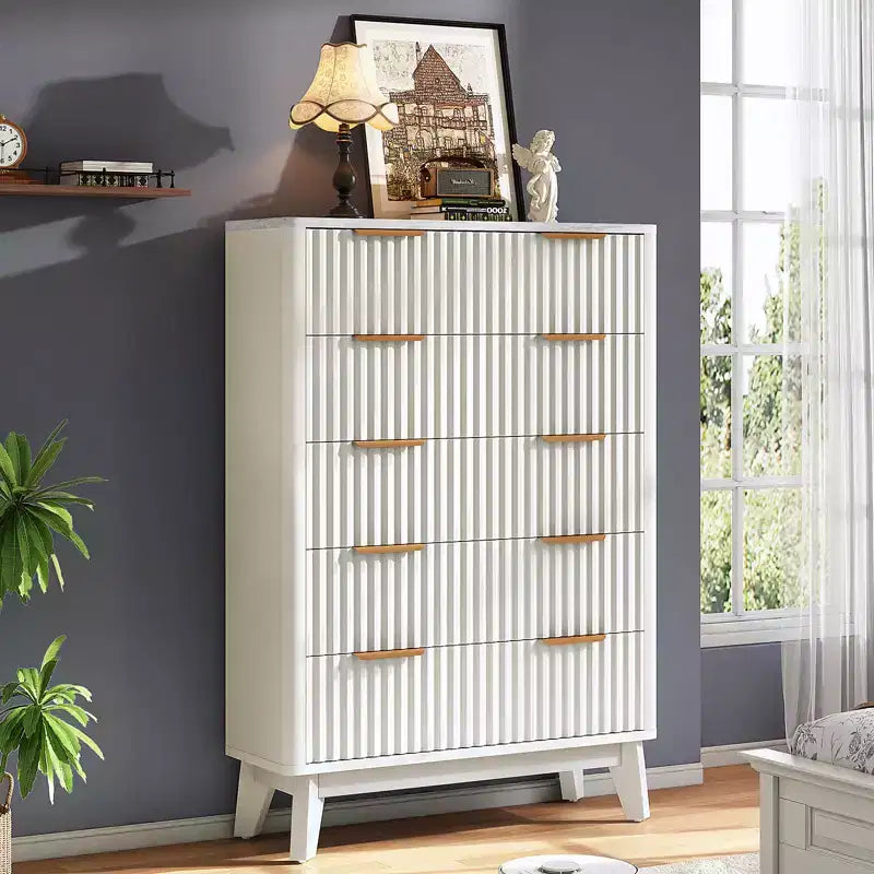 AMERLIFE Comodino con Cassetti Scanalati e Top in Finto Marmo, Cassettiera Ampia per Camera da Letto, Soggiorno, Corridoio, Ingresso