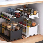 Organizzatore estraibile per armadio, cestelli in filo metallico a 2 livelli con cassetto scorrevole, cestelli in filo metallico scorrevoli in acciaio al carbonio per dispensa da cucina