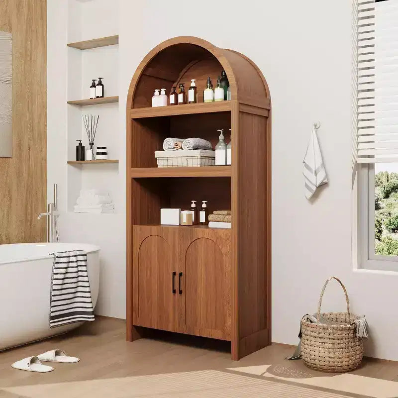 Mobiletto alto e ad arco da 71 pollici, libreria ad arco a 5 ripiani di metà secolo con ante, 3 ripiani aperti ed espositori regolabili, per cucina, soggiorno, ufficio