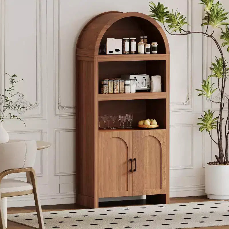 Mobiletto alto e ad arco da 71 pollici, libreria ad arco a 5 ripiani di metà secolo con ante, 3 ripiani aperti ed espositori regolabili, per cucina, soggiorno, ufficio