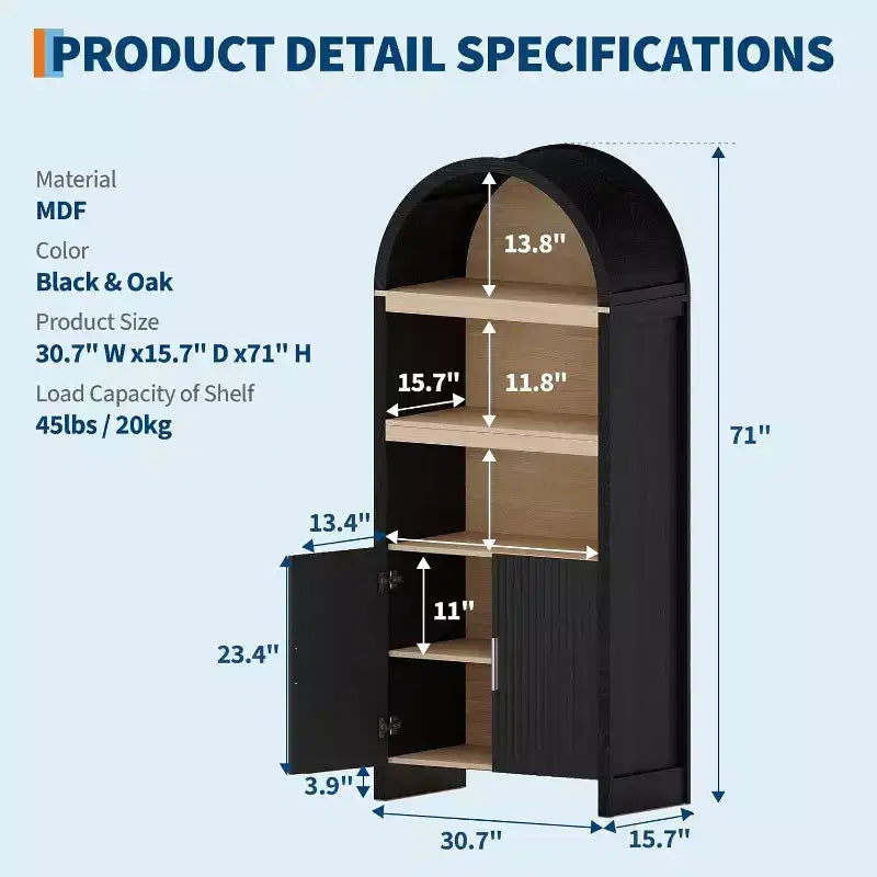 Mobiletto alto e ad arco da 71 pollici, libreria ad arco a 5 ripiani di metà secolo con ante, 3 ripiani aperti ed espositori regolabili, per cucina, soggiorno, ufficio