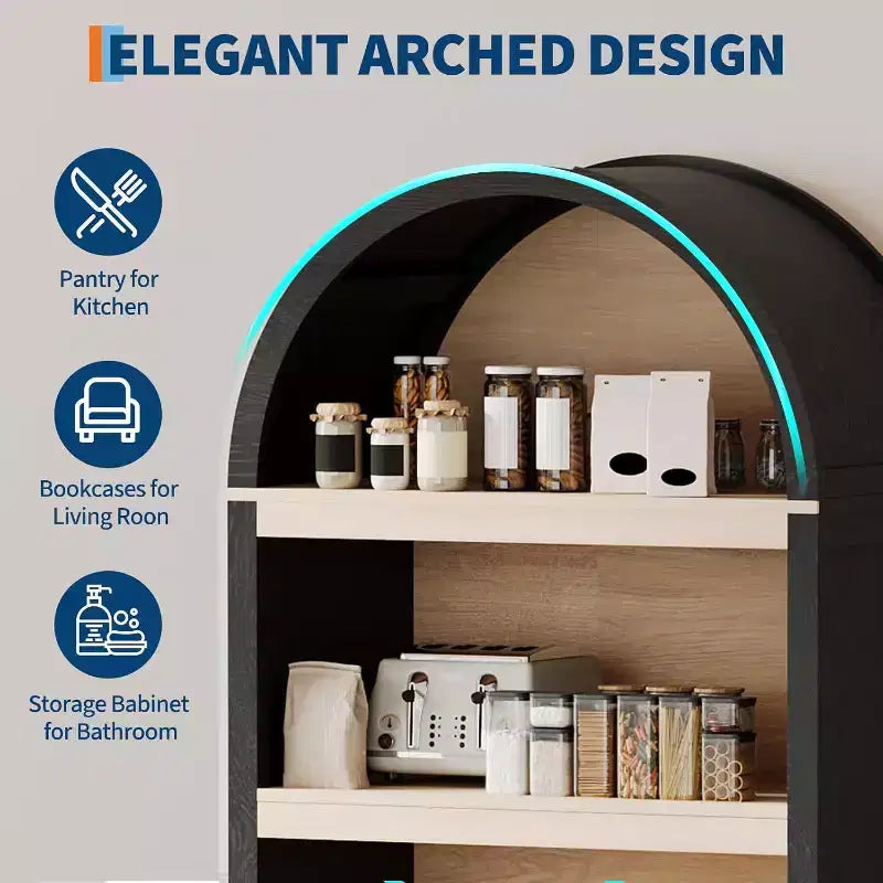 Mobiletto alto e ad arco da 71 pollici, libreria ad arco a 5 ripiani di metà secolo con ante, 3 ripiani aperti ed espositori regolabili, per cucina, soggiorno, ufficio