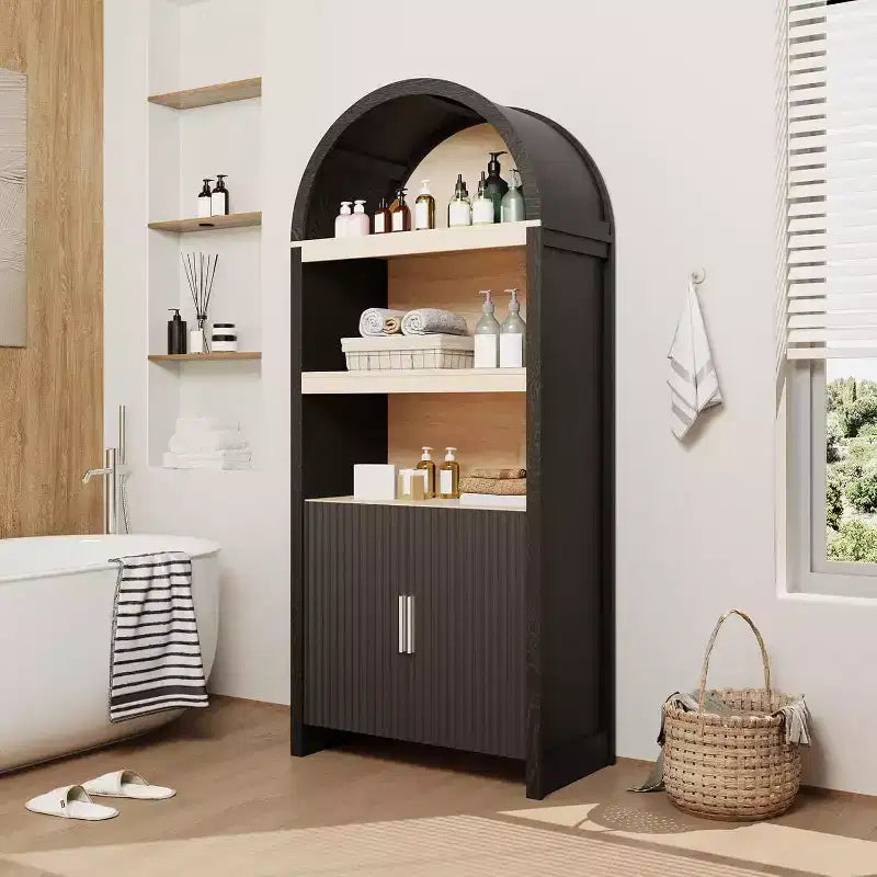 Mobiletto alto e ad arco da 71 pollici, libreria ad arco a 5 ripiani di metà secolo con ante, 3 ripiani aperti ed espositori regolabili, per cucina, soggiorno, ufficio