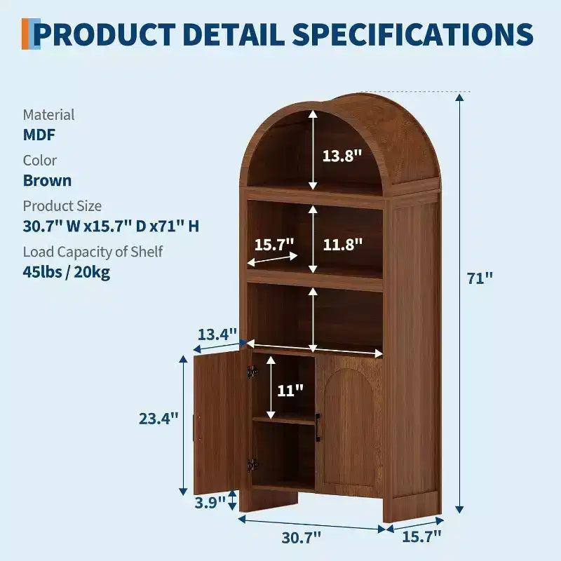 Mobiletto alto e ad arco da 71 pollici, libreria ad arco a 5 ripiani di metà secolo con ante, 3 ripiani aperti ed espositori regolabili, per cucina, soggiorno, ufficio
