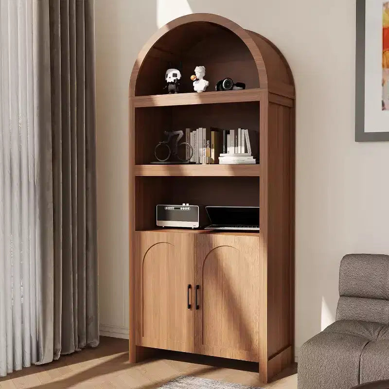 Mobiletto alto e ad arco da 71 pollici, libreria ad arco a 5 ripiani di metà secolo con ante, 3 ripiani aperti ed espositori regolabili, per cucina, soggiorno, ufficio