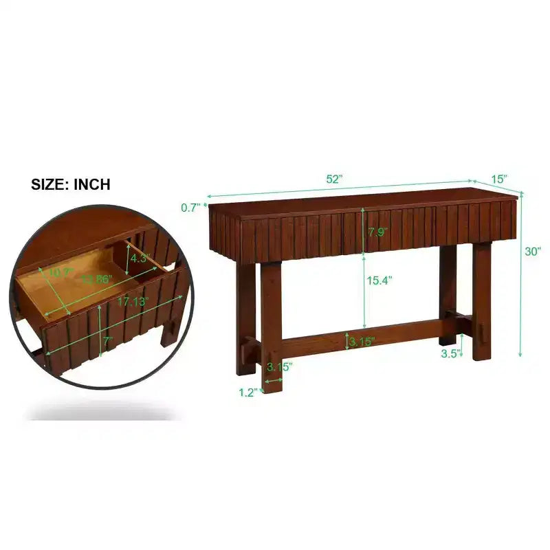 Hostack 52" Tavolo Consolle da Fattoria Scanalato con Cassetti e Gambe in Legno Massiccio per Soggiorno e Ingresso, Ciliegio