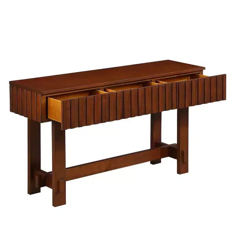 Hostack 52" Tavolo Consolle da Fattoria Scanalato con Cassetti e Gambe in Legno Massiccio per Soggiorno e Ingresso, Ciliegio