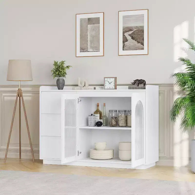 COZONY Mobile credenza 48" con 3 cassetti, ante in vetro e luci a LED, credenza moderna da bar per cucina e sala da pranzo