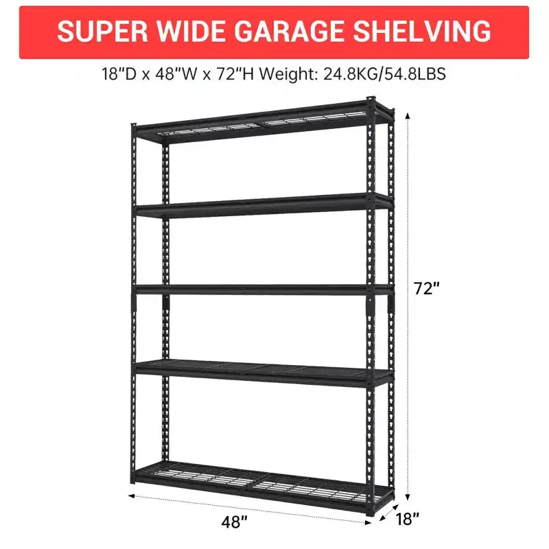 Scaffalatura da garage a 5 ripiani, 48 pollici, capacità 2500 libbre, unità di scaffalatura per garage resistente, scaffali portaoggetti in metallo regolabili
