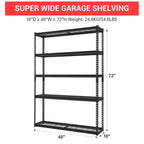 Scaffalatura da garage a 5 ripiani, 48 pollici, capacità 2500 libbre, unità di scaffalatura per garage resistente, scaffali portaoggetti in metallo regolabili