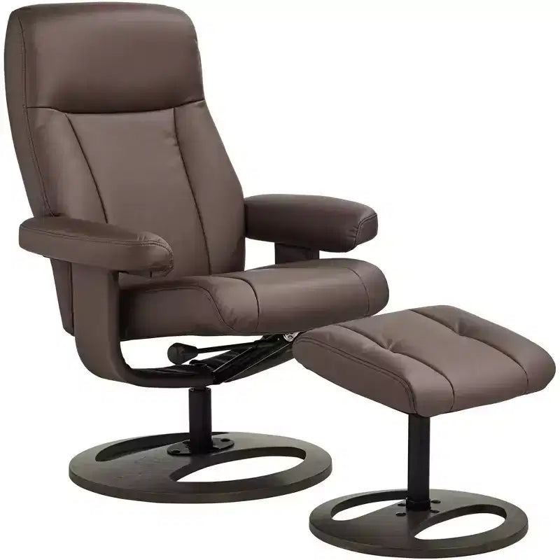 BenchMaster Bruce Chocolate Faux Leather Recliner Chair Modern with Ottoman Footrest Ergonomic Manual Reclining Swivel for Bedroom
