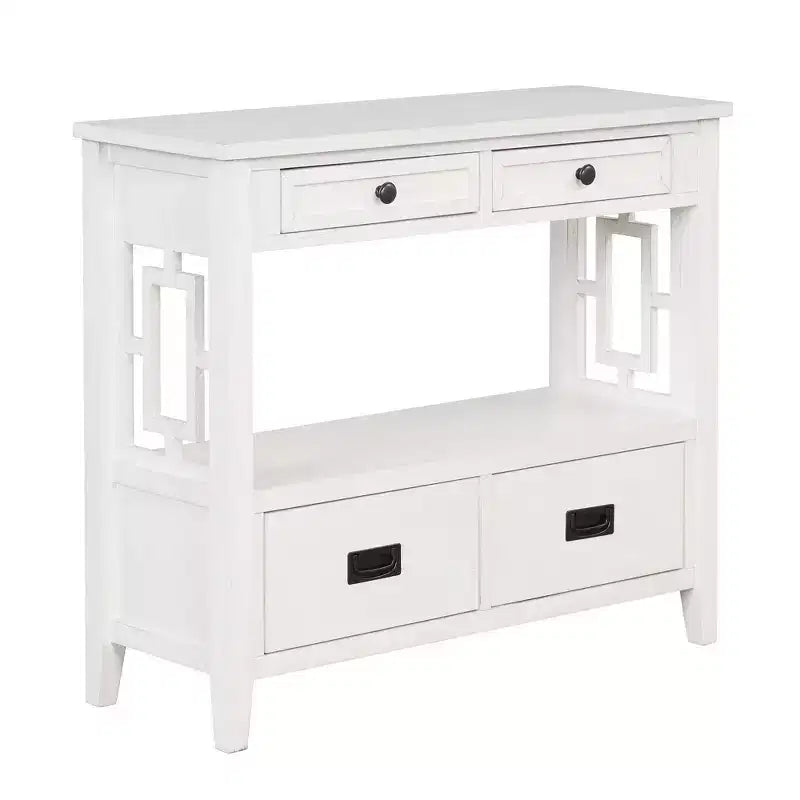 Hostack Tavolo Consolle da 36'' in Legno Stile Fattoria con 4 Cassetti e 1 Ripiano per Ingresso e Soggiorno, Bianco Antico