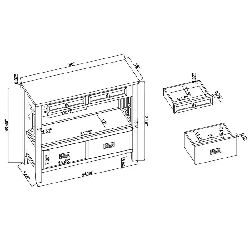 Hostack Tavolo Consolle da 36'' in Legno Stile Fattoria con 4 Cassetti e 1 Ripiano per Ingresso e Soggiorno, Bianco Antico