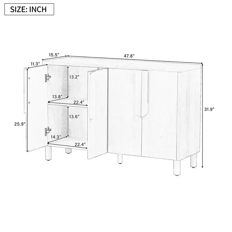 Luxystar Mobile Credenza a 4 Ante con Spazio Contenitore, Maniglie ad Arco Uniche e Ripiani Regolabili per Sala da Pranzo e Soggiorno, Naturale