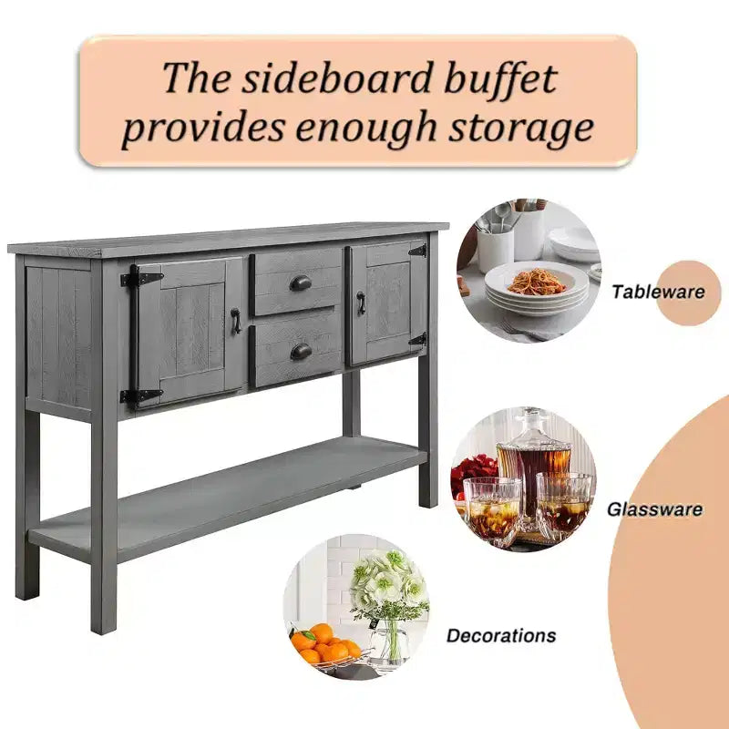 Tavolo a credenza in legno massello da 48 pollici con 2 cassetti, armadietti e ripiano inferiore, mobile buffet contenitore in stile vintage per soggiorno, cucina