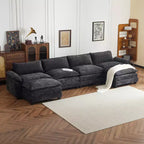 Divano in ciniglia blu Karl Home con poggiatesta a doppio strato e pouf, larghezza 393.7 cm