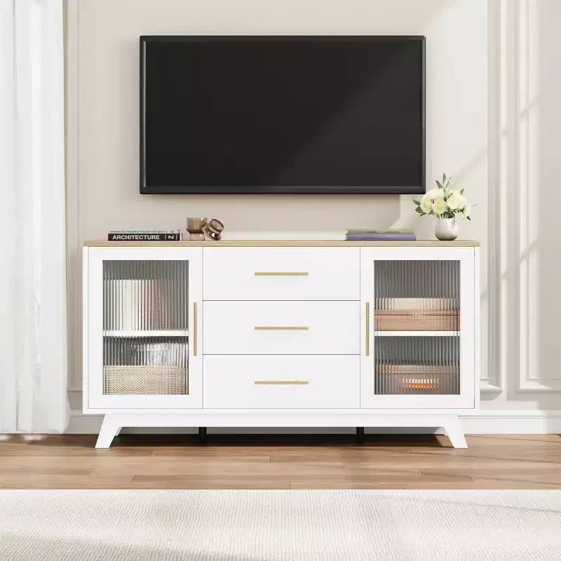 COZONY 56 Credenza Buffet con 2 Ante in Vetro Scanalato, 3 Grandi Cassetti, Mobile Bar Moderno per Cucina Sala da Pranzo Soggiorno