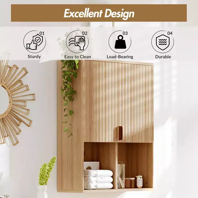 CuisinSmart Mobiletto da Bagno a Parete, Armadietto dei Medicinali Scanalato con 2 Ante, Ripiani Regolabili e Vano a Giorno, per Lavanderia Cucina Soggiorno