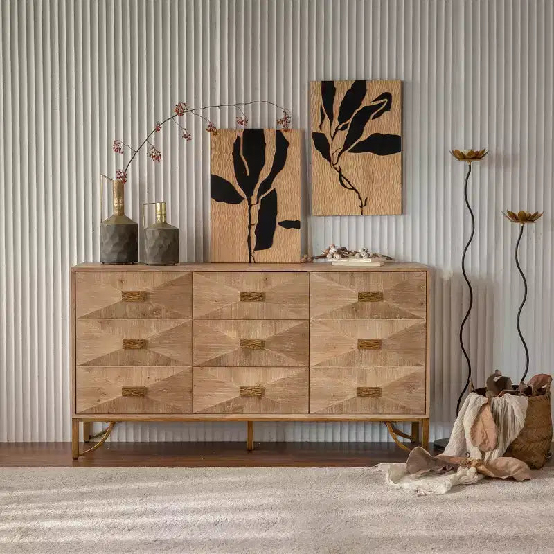 Comò moderno a 9 cassetti CLIHOME, cassettiere in legno chiaro, mobile TV per camera da letto, soggiorno, corridoio