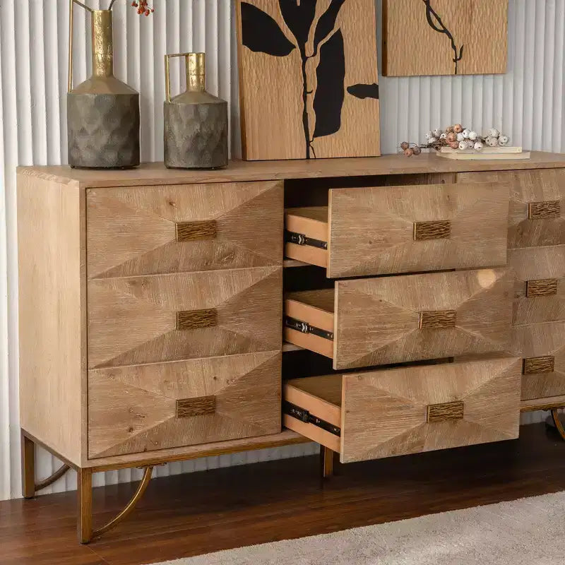 Comò moderno a 9 cassetti CLIHOME, cassettiere in legno chiaro, mobile TV per camera da letto, soggiorno, corridoio