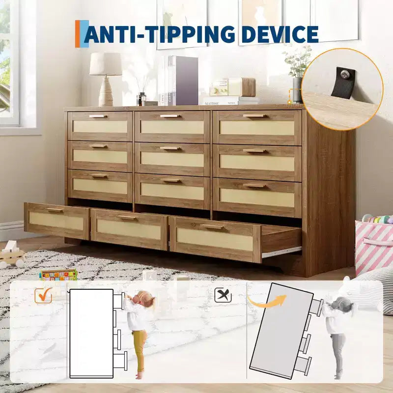 Comò a 12 cassetti per camera da letto, cassettiera moderna in rattan, organizer in legno con cassetti e maniglie in pannello di rattan, per cameretta, ingresso