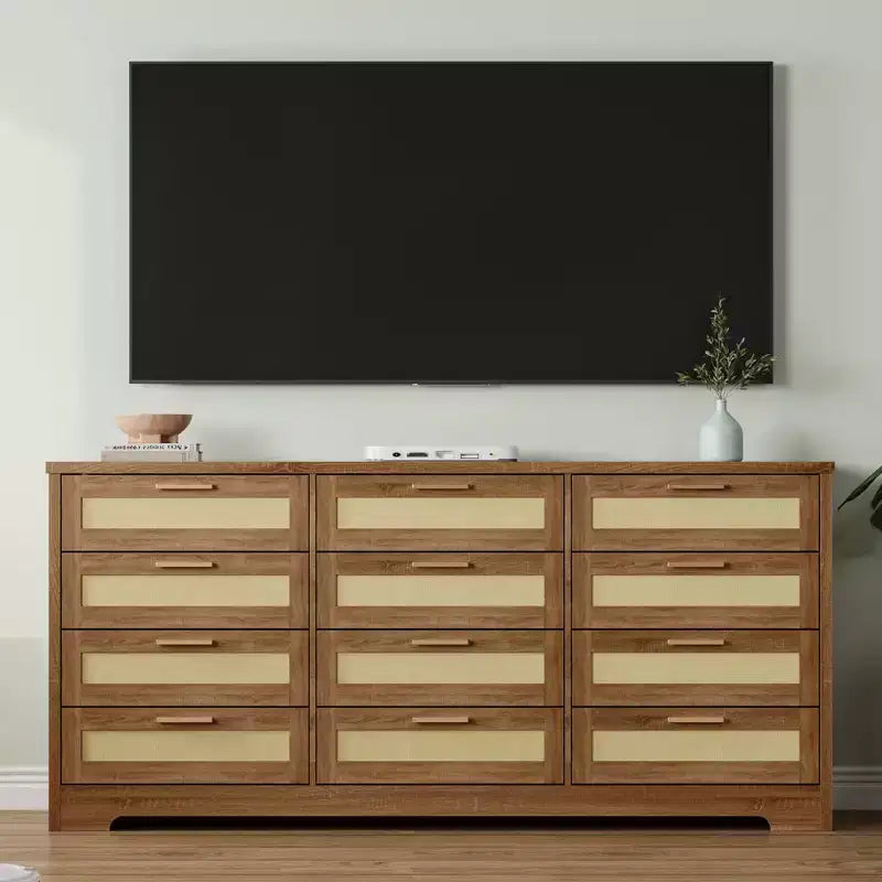 Comò a 12 cassetti per camera da letto, cassettiera moderna in rattan, organizer in legno con cassetti e maniglie in pannello di rattan, per cameretta, ingresso
