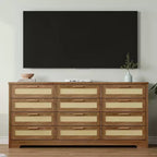 Comò a 12 cassetti per camera da letto, cassettiera moderna in rattan, organizer in legno con cassetti e maniglie in pannello di rattan, per cameretta, ingresso