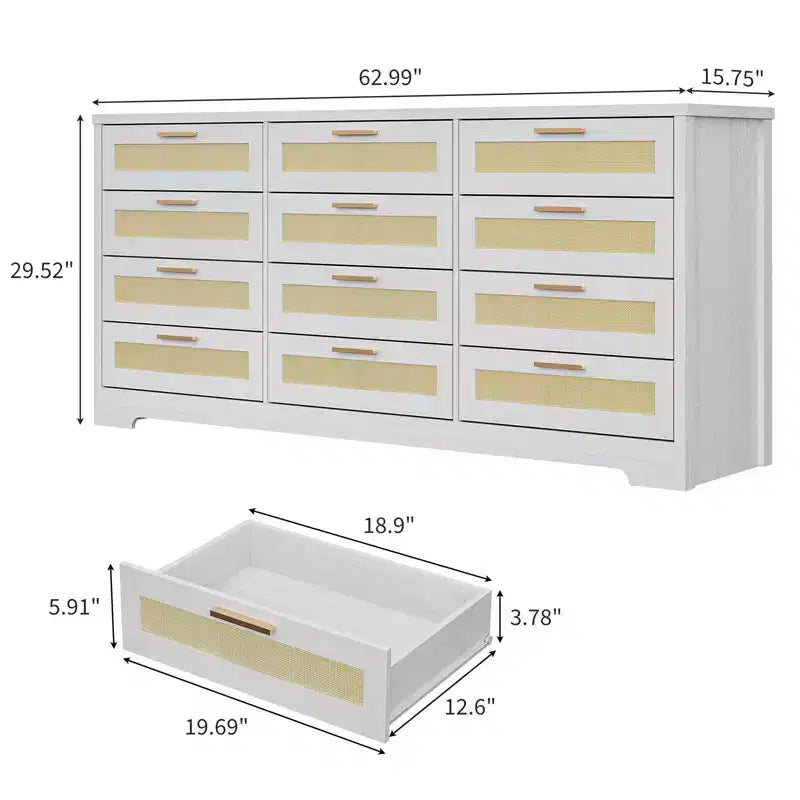 Comò a 12 cassetti per camera da letto, cassettiera moderna in rattan, organizer in legno con cassetti e maniglie in pannello di rattan, per cameretta, ingresso