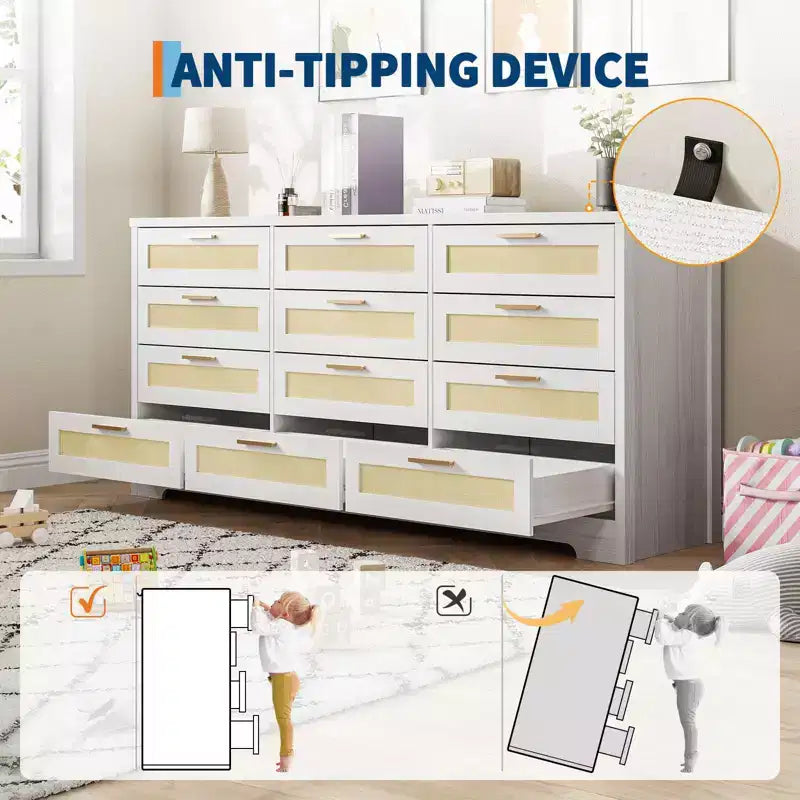 Comò a 12 cassetti per camera da letto, cassettiera moderna in rattan, organizer in legno con cassetti e maniglie in pannello di rattan, per cameretta, ingresso