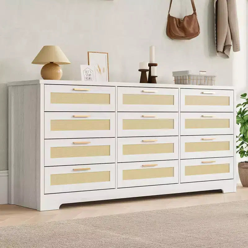 Comò a 12 cassetti per camera da letto, cassettiera moderna in rattan, organizer in legno con cassetti e maniglie in pannello di rattan, per cameretta, ingresso