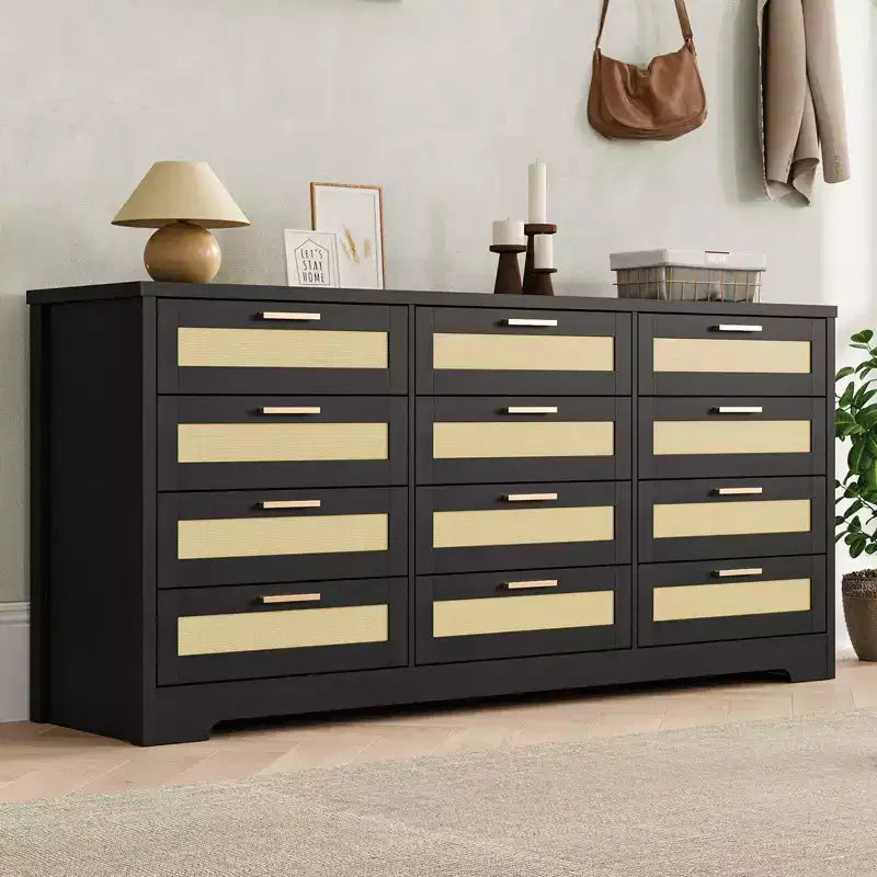 Comò a 12 cassetti per camera da letto, cassettiera moderna in rattan, organizer in legno con cassetti e maniglie in pannello di rattan, per cameretta, ingresso
