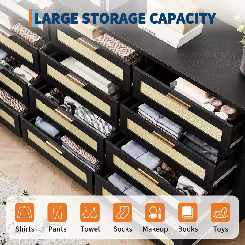 Comò a 12 cassetti per camera da letto, cassettiera moderna in rattan, organizer in legno con cassetti e maniglie in pannello di rattan, per cameretta, ingresso