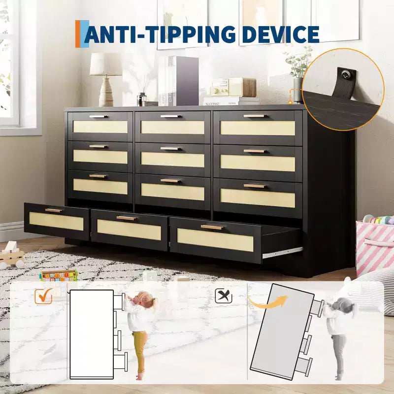 Comò a 12 cassetti per camera da letto, cassettiera moderna in rattan, organizer in legno con cassetti e maniglie in pannello di rattan, per cameretta, ingresso