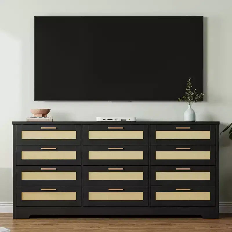Comò a 12 cassetti per camera da letto, cassettiera moderna in rattan, organizer in legno con cassetti e maniglie in pannello di rattan, per cameretta, ingresso